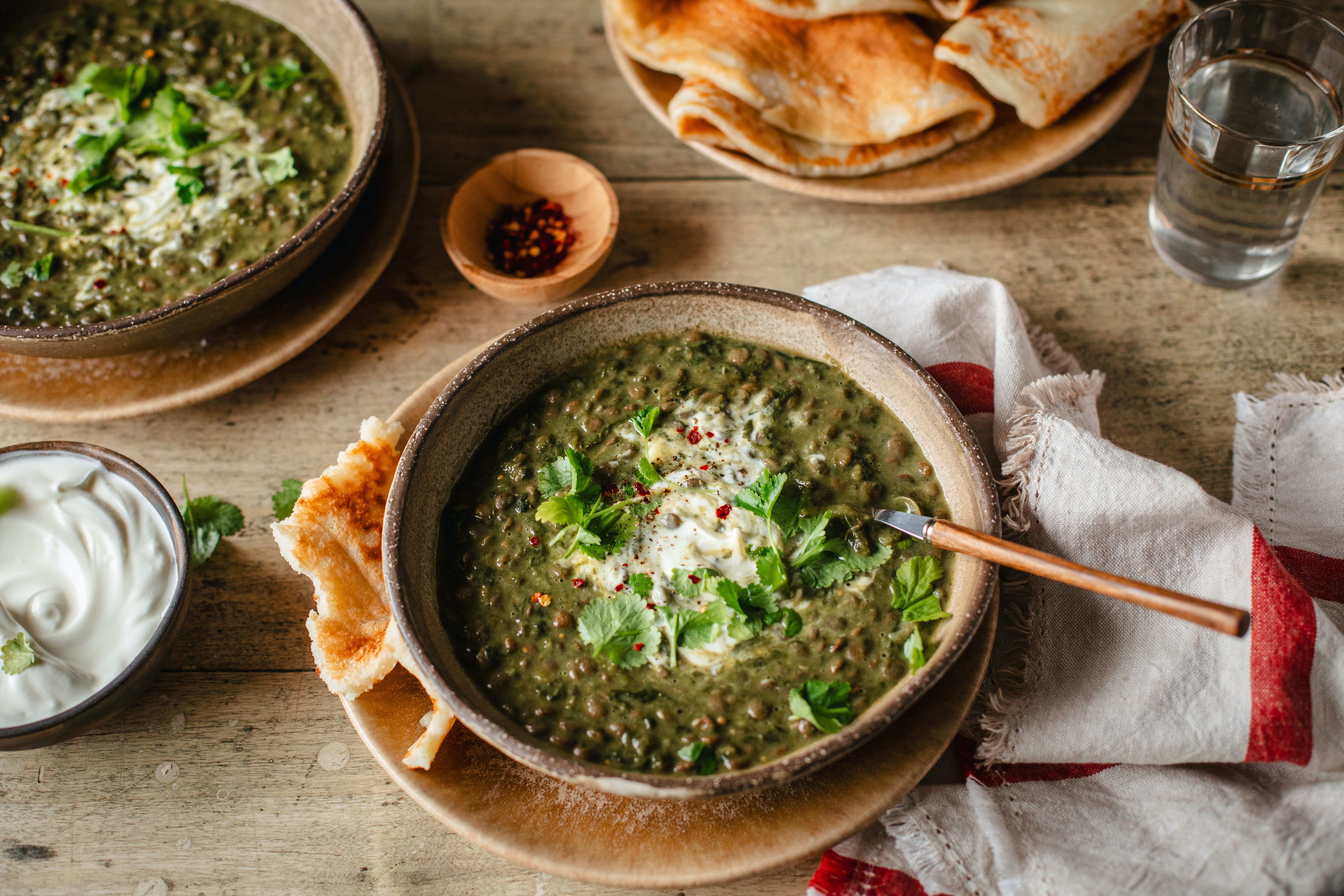 Palak daal with herbs and naan bread